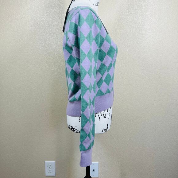 Y.A.S collar detail cardigan in lilac /green checkerboard size M retro academia - Picture 7 of 14